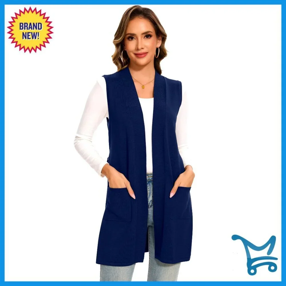 Sleeveless Ribbed Knit Vest with Belt and Pockets, Size Small - Picture 1 of 5